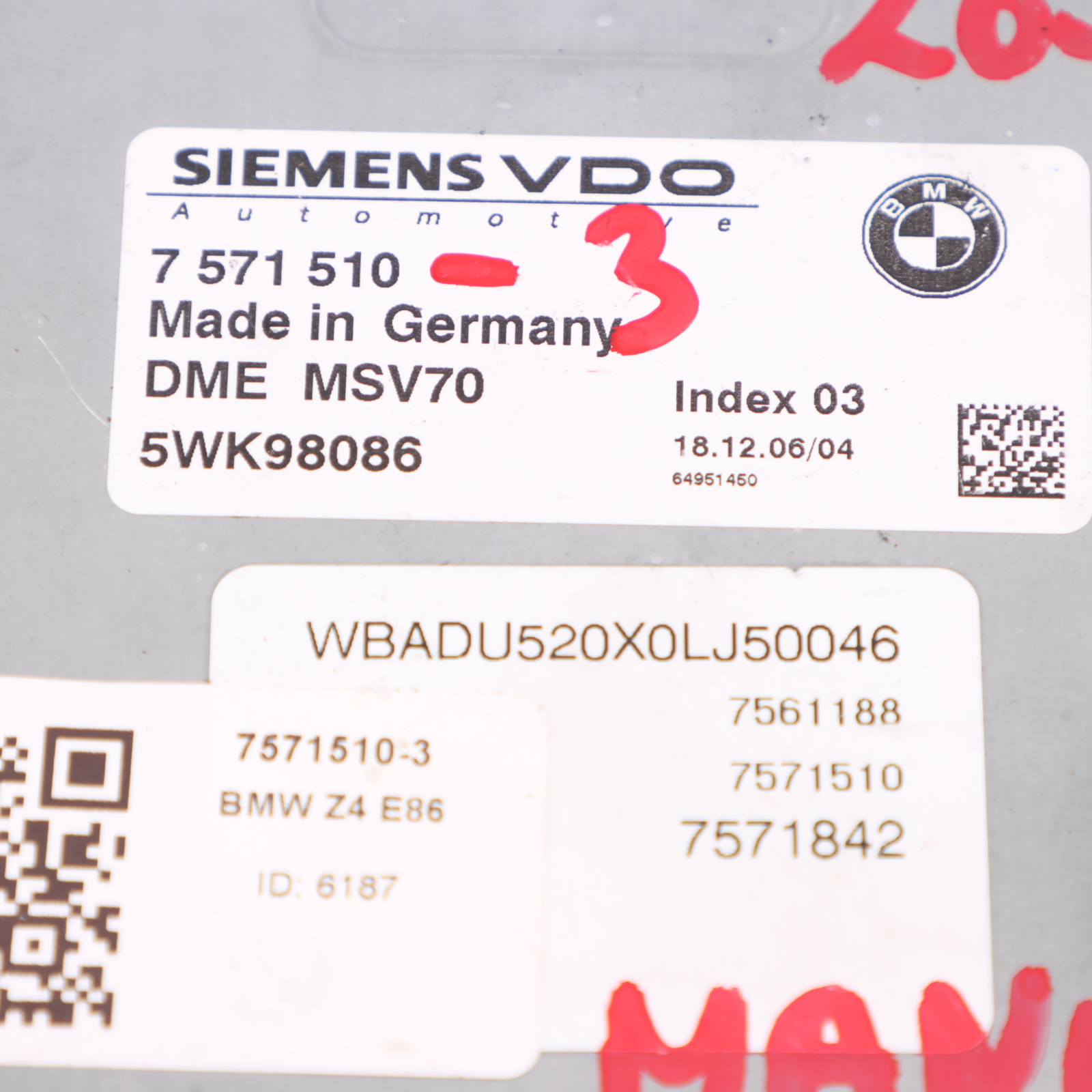 BMW Z4 E86 Coupe 3.0si N52 265PS ECU Kit DME 7571510 EWS Schlüssel Manual