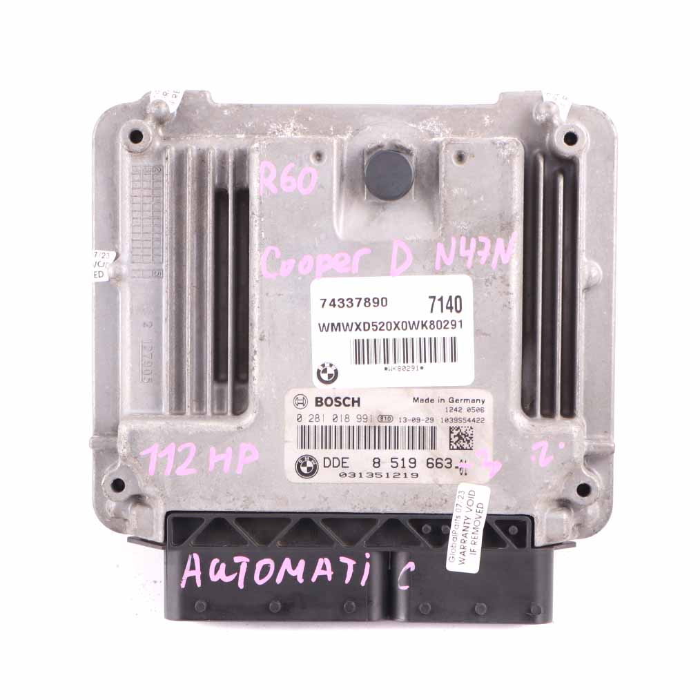 Mini Cooper D R55 R56 LCI R60 N47N 112HP Motor ECU Kit 8519663 CAS 3 Schlüssel