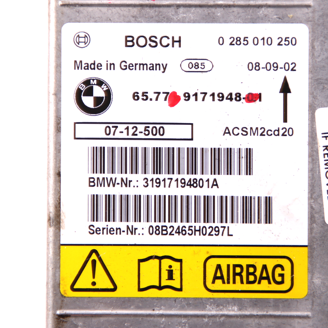 BMW X5 X6 E70 E71 Airbag-Steuergerät ECU Modul 9171948