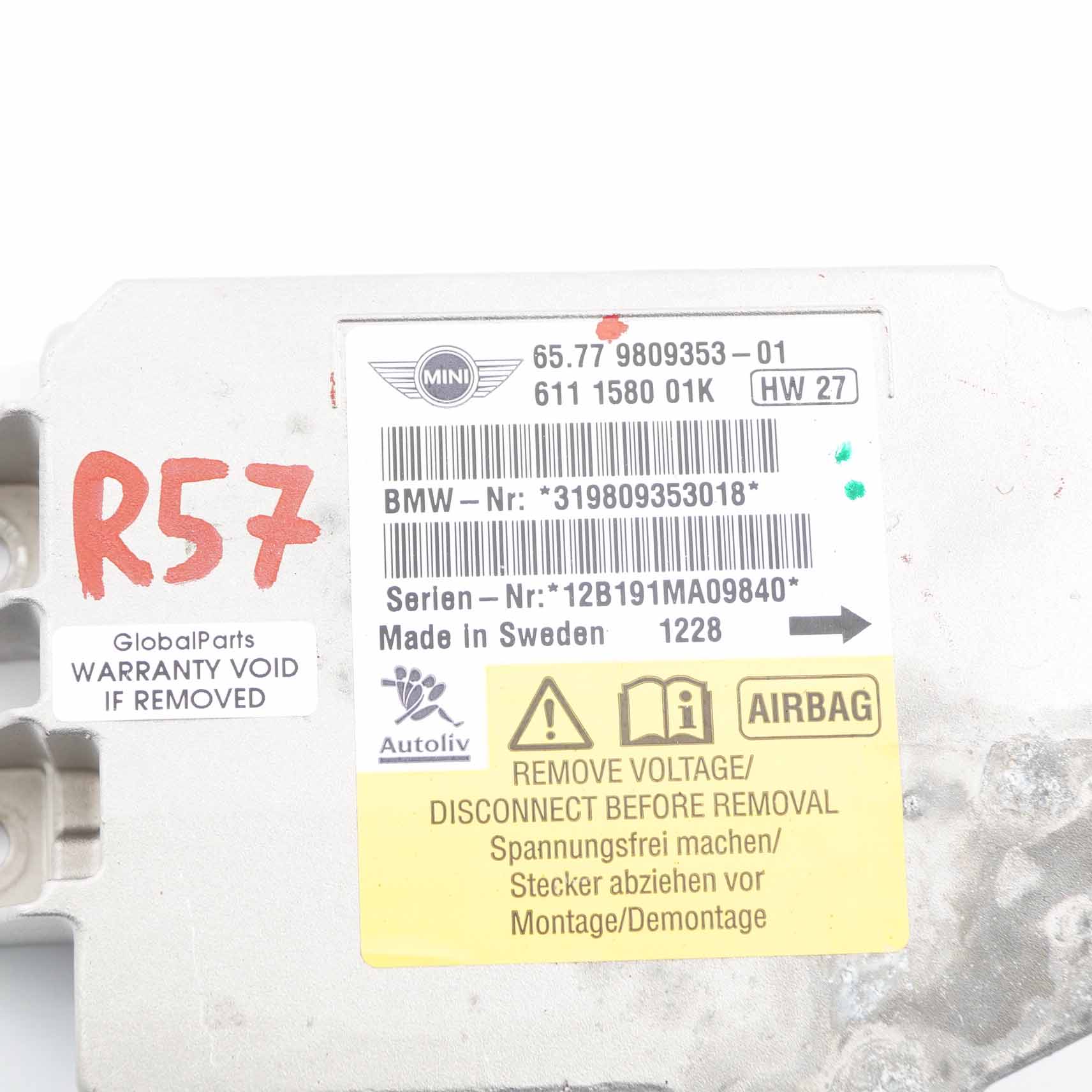 Mini R57 LCI R59 Cabrio Airbag ECU Steuergerät Modul 9809353